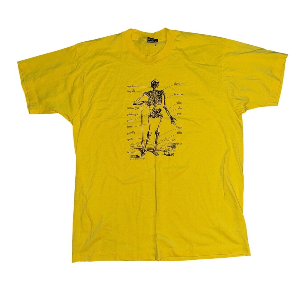 Vintage 1981 Outer Products Skeleton Anatomy T-Shirt Screen Stars Best Yellow XL